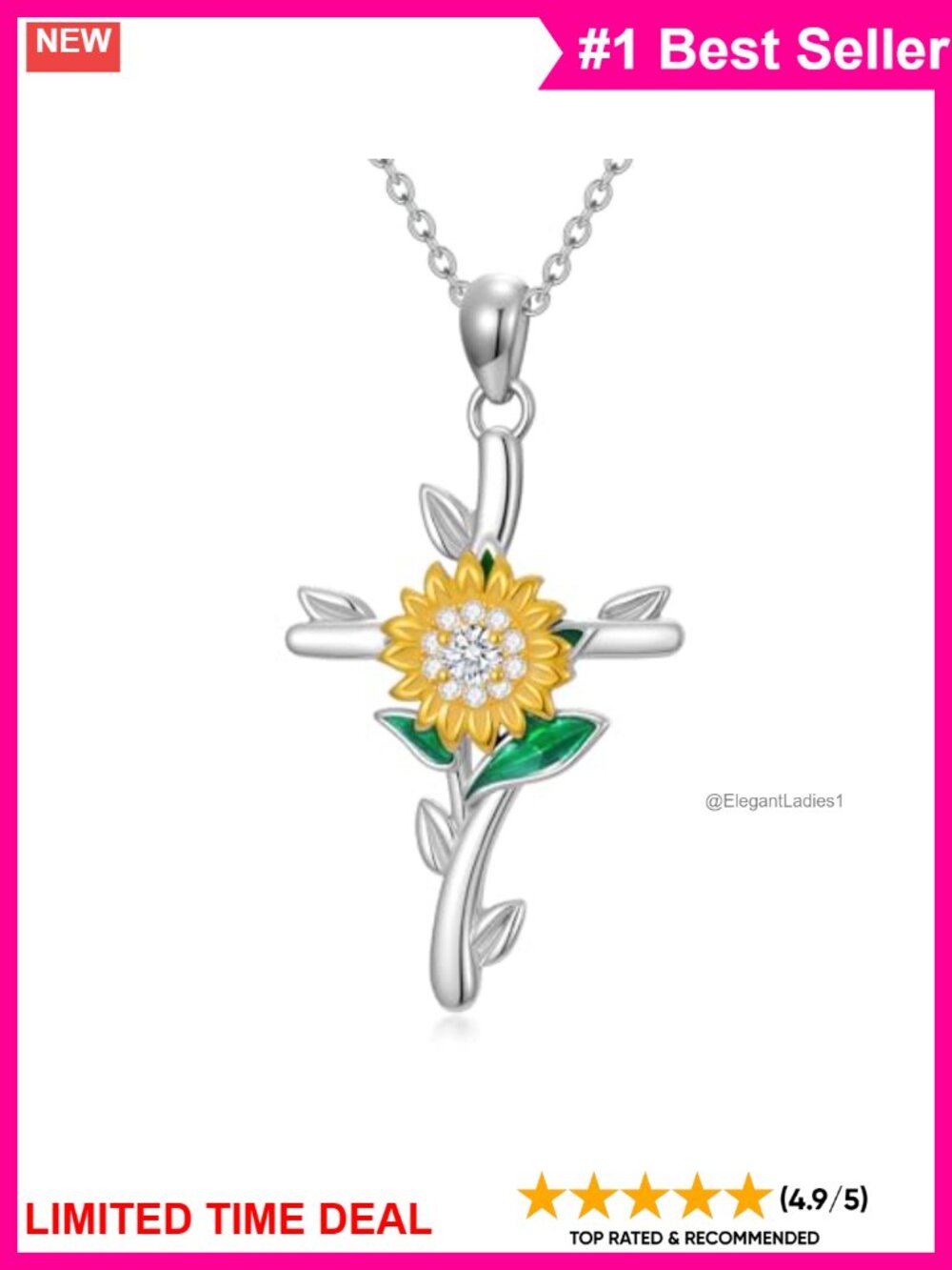 Sterling Silver Sunflower Cross Necklace 18+2 Adjustable Chain
